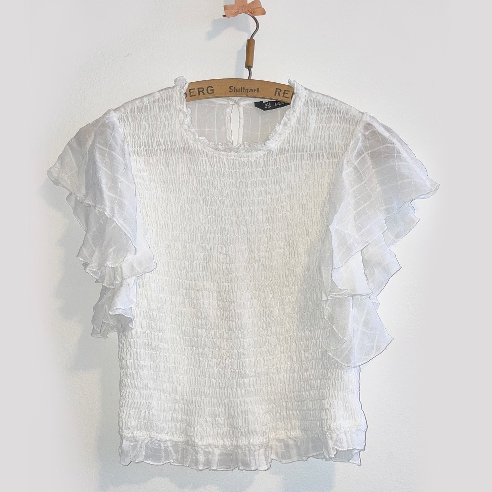 Zara Top with Elastic Smocking ruffled off-white blouse, Small